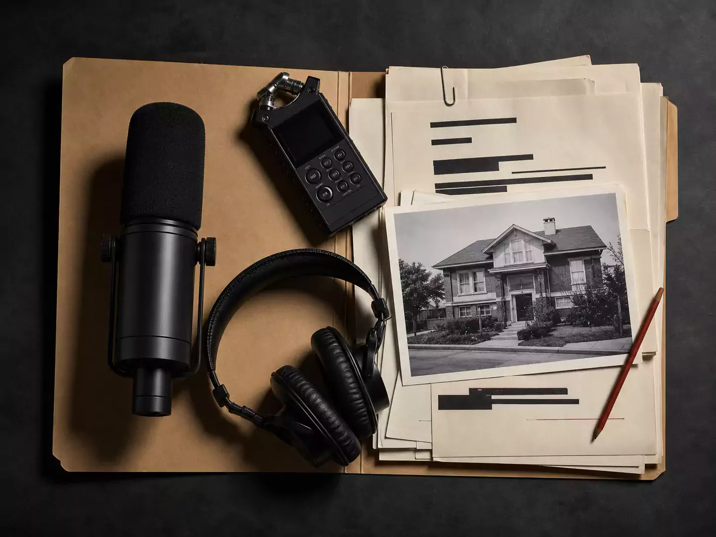 An open manila file with a microphone, headphones, recorder, property photograph, and redacted briefing sheets.