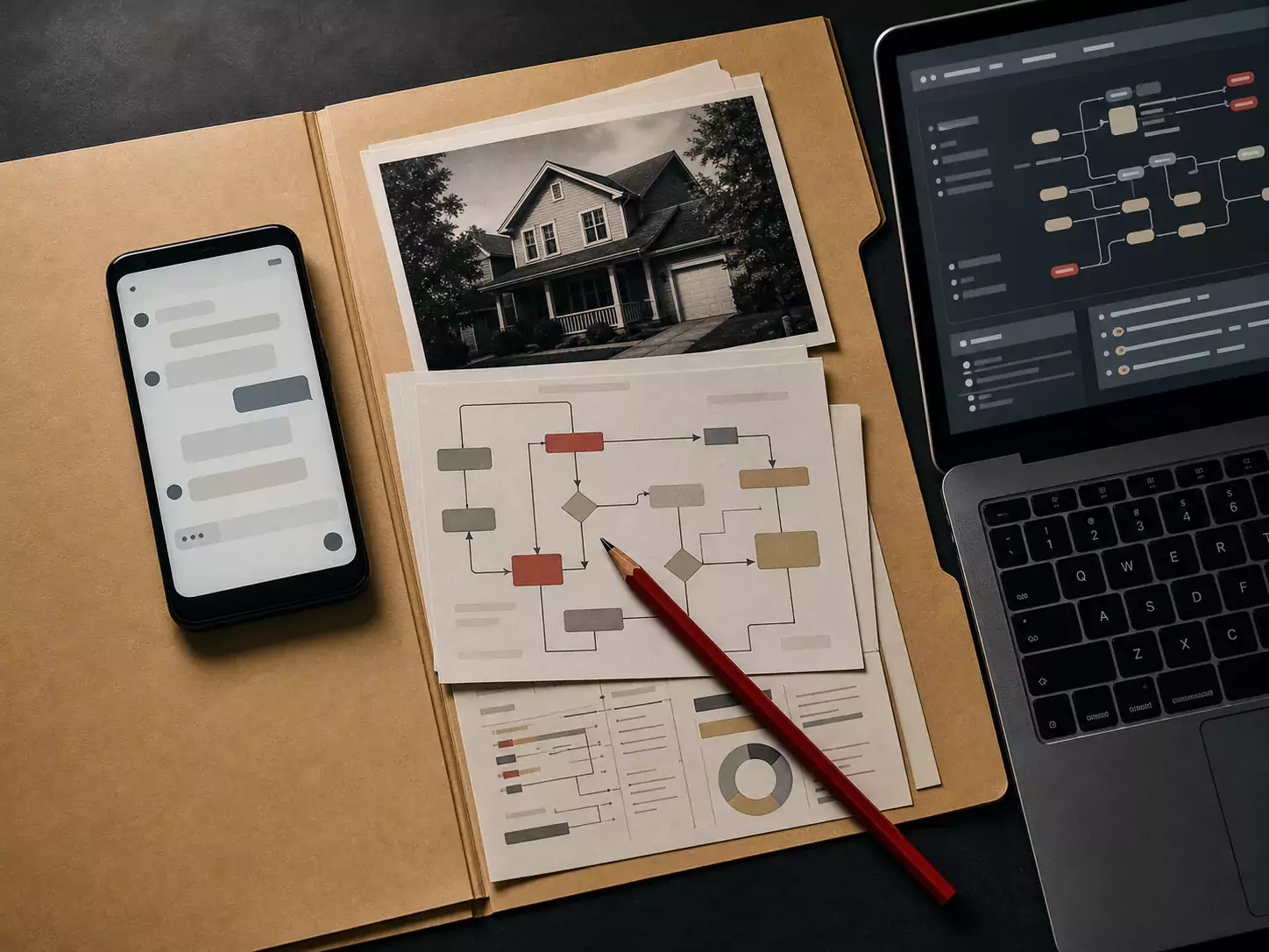 An open manila file with a phone, laptop, property photograph, and automated routing diagrams.
