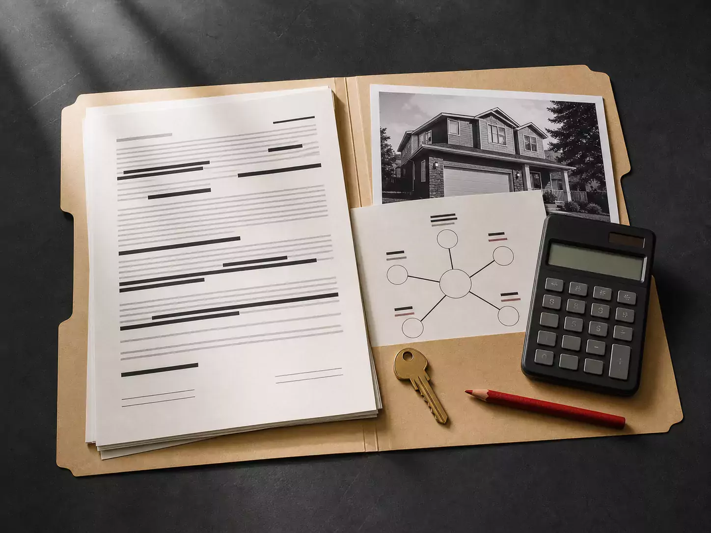 An open manila file with property records, a calculator, house key, photograph, and commission diagram.
